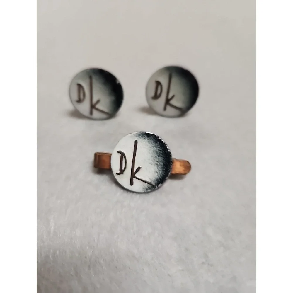 Custom Copper, Intitialed DK, White Painted Cufflinks And Tie Clip